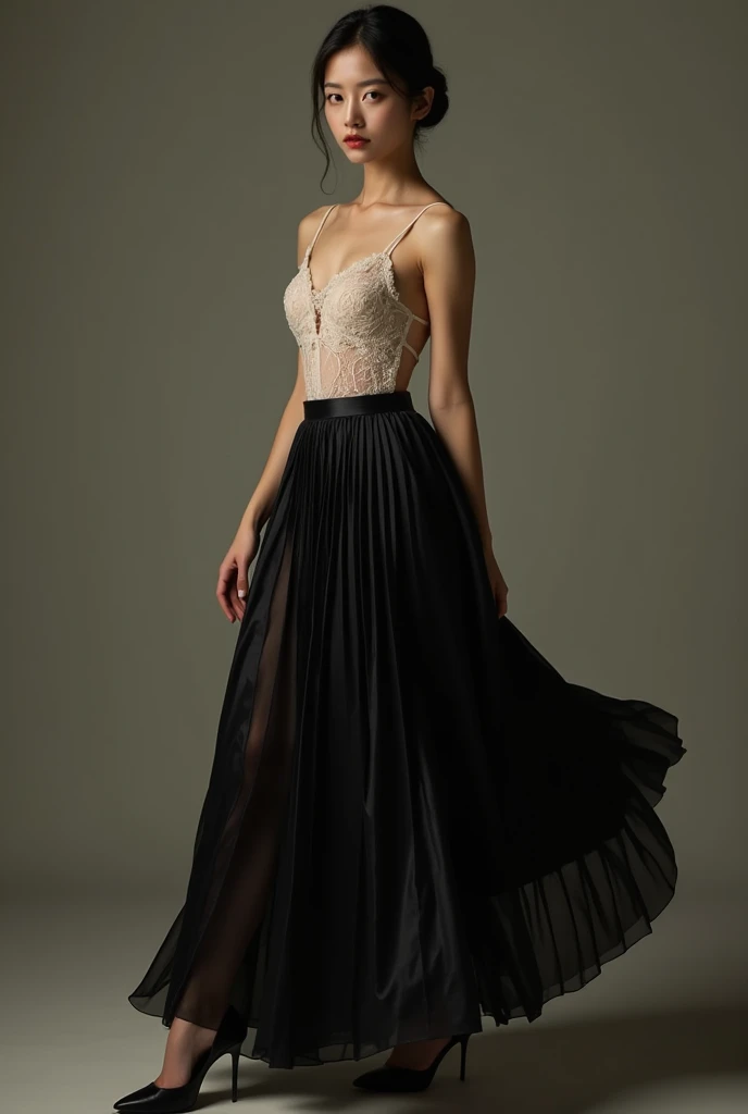 Black silk JK beauty。Lift the skirt with one hand。One hand reaches out