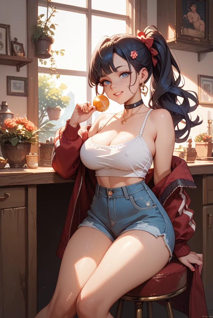 1 female, darker skin, gold yellow long hair, red eyes, huge breast, black bra, thick legs, red jean, glasses, red cap, in the indian place, indian foods