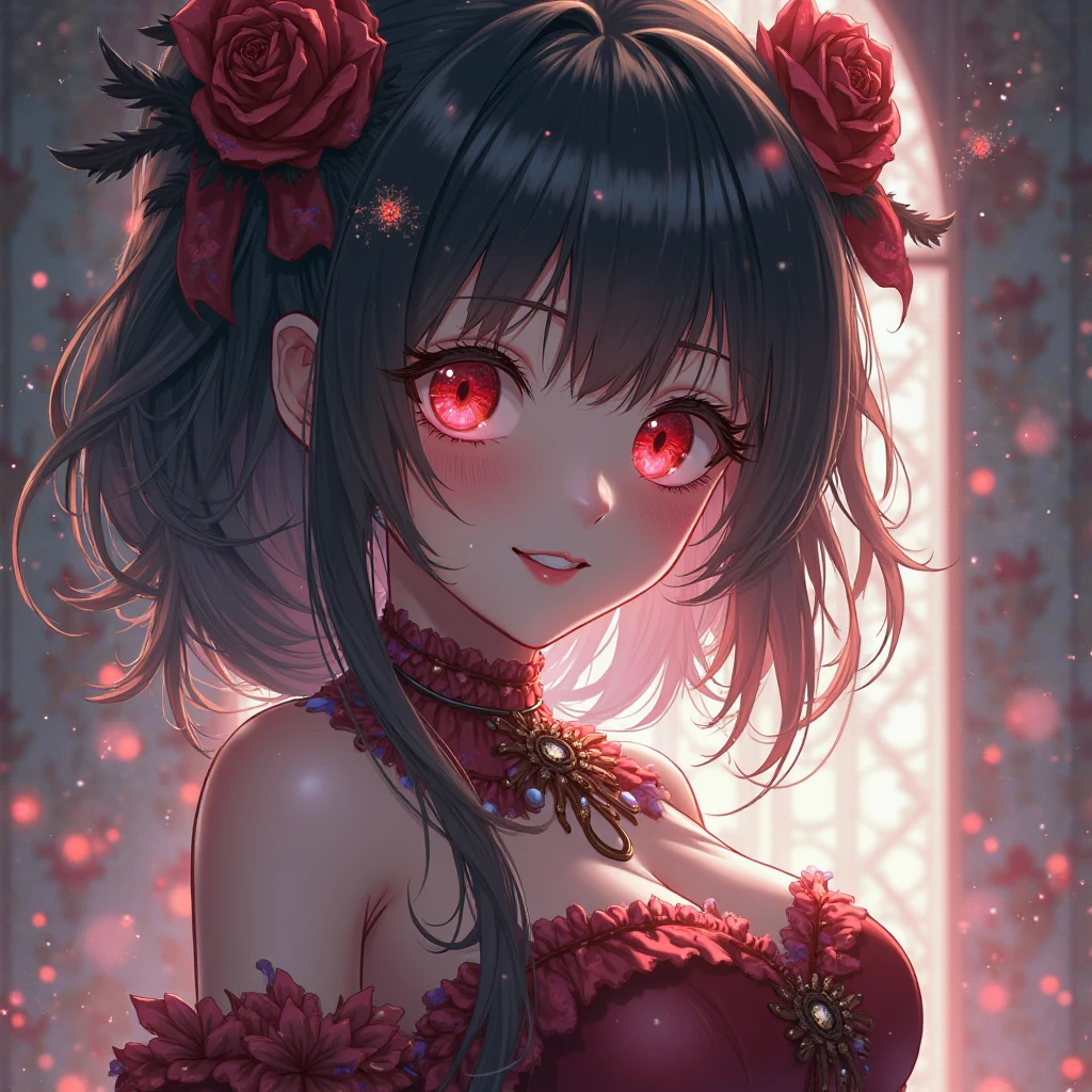 Cute hot girl art wear red dress and black dress some dress red rosey and some black rosey in in hair balck and red rose with pink rose bkue eyes