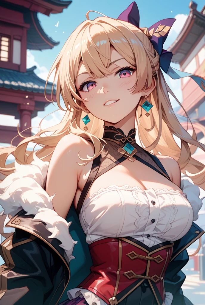 (extremely detailed CG), (best quality), perfect face, shiny skin, lustrous skin,wide hips,narrow waist <lora:MusashiRemnant-10:0.8> MusashiBerserker,Necklace, swept bangs, white kimono, sheath,bare shoulders, thihgs,blonde hair,wide sleeves, magatama necklace, black thighighs,obi detached sleeves,hair ornament, long hair, sash, asymetrical hair, pink hair,katana,kimono, earrings,jewelry, cleavage, blue eyes, ponytail,japanese clothes, playful grin,