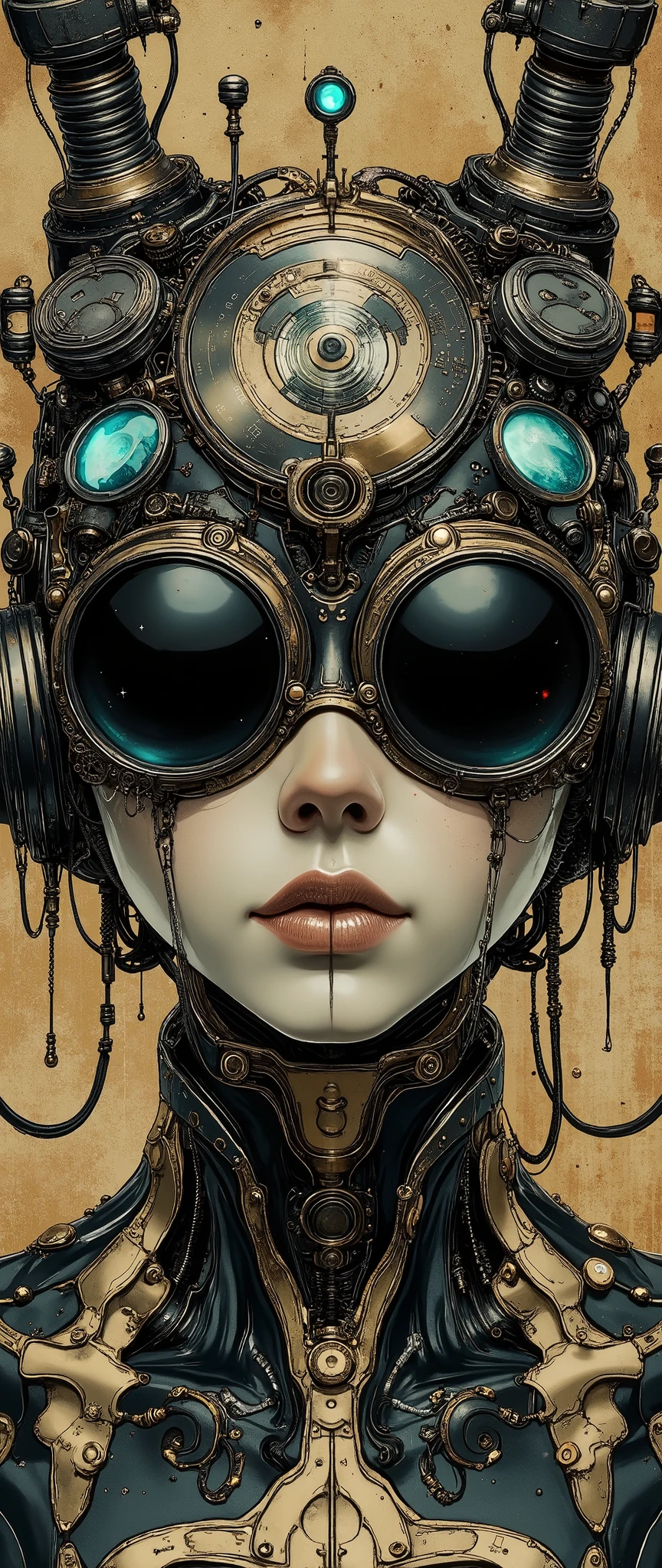 Create an ultra-detailed, high-resolution cyberpunk/steampunk image (4k, 8K) that shows a person in a combined style. The character will wear headphones and sunglasses, and his face will be drawn in detail and covered with a black mask. The style should be inspired by Japanese illustration, with an emphasis on realism and photorealism (photorealistic: 1.37). The character will be surrounded by intricate machinery, brass glass, and faded sepia-colored skin. Add cyberpunk elements such as neon accents, holographic interfaces, glowing circuits, and futuristic technological details integrated into the steampunk design. The stage should be dramatically illuminated, in a cinematic way, with an emphasis on contrast and depth, with a complex composition that combines vintage steampunk motifs with cyberpunk aesthetics. The overall atmosphere is harsh, futuristic and atmospheric, combining ancient craftsmanship with cutting-edge technology. Дайте мне знать, если вы хотите, чтобы я скорректировал тон, добавить определённые цвета, или изменить любую его часть!