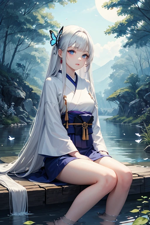 (masterpiece, best quality:1.2), wide shot, landscape scenery, solo, 1girl, nao \(mabinogi\), expressionless, closed mouth, kneeling, looking afar, twintails, hair ribbon, closed eyes, chinese clothes