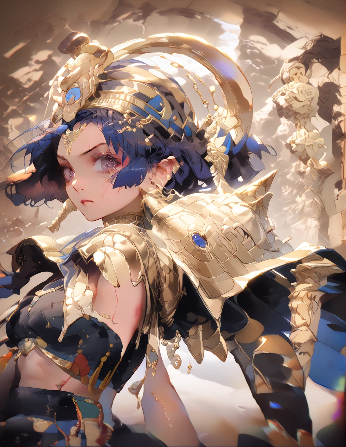 (Masterpiece)(4k resolution) (high detail) anime girl, wearing cobalt blue and gold epgytian armor. Pharoah attire. Holding a staff with a scrab jewel on the top. Powerful pose, exposed midsection. Pyramid in background. Scarab motifs. Scrab headpiece White and gold thigh highs. Glossy skin, scars on skin, powerful and sexy warrior. Colbalt blue metal gauntlet on right hand. Athletic body. Curvy. Tanned skin, buff and grizzled. Abs. Short blue hair, fierce intimidating look. Tall and strong imposing figure. Warrior priest. Only 1 person. Egyptian Pyramid in background. Scars all over. No car ears. Only 1 head