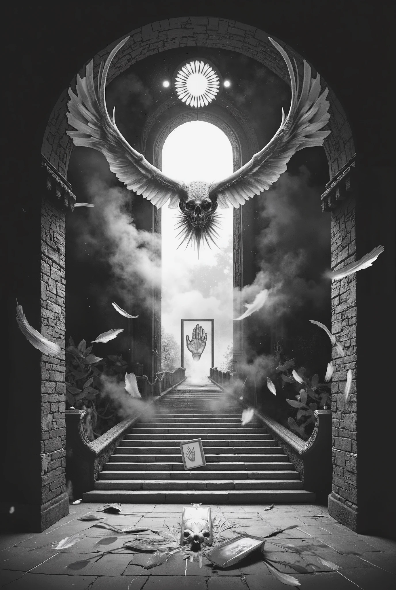 Skeleton of owl integrated into ruined cathedral arch, wings forming bridges between broken columns, skull embedded into rose window structure, fog rising from floor, stairs lead upward then vanish into mist, floating picture frame showing hand in freeze gesture, other empty frames scattered on stone steps, surrounding feathers resemble lung X-rays, scattered soft light from side, melancholic atmosphere, abandoned sacred space, monochrome palette with soft silver tones, texture of old photographic paper
Style of Joel-Peter Witkin, Jerry Uelsmann, old surreal photography, analog realism, solemn dreamlike tone, ultra-detailed, photorealistic composition, film grain, soft shadows, faded silver emulsion, timeless atmosphere