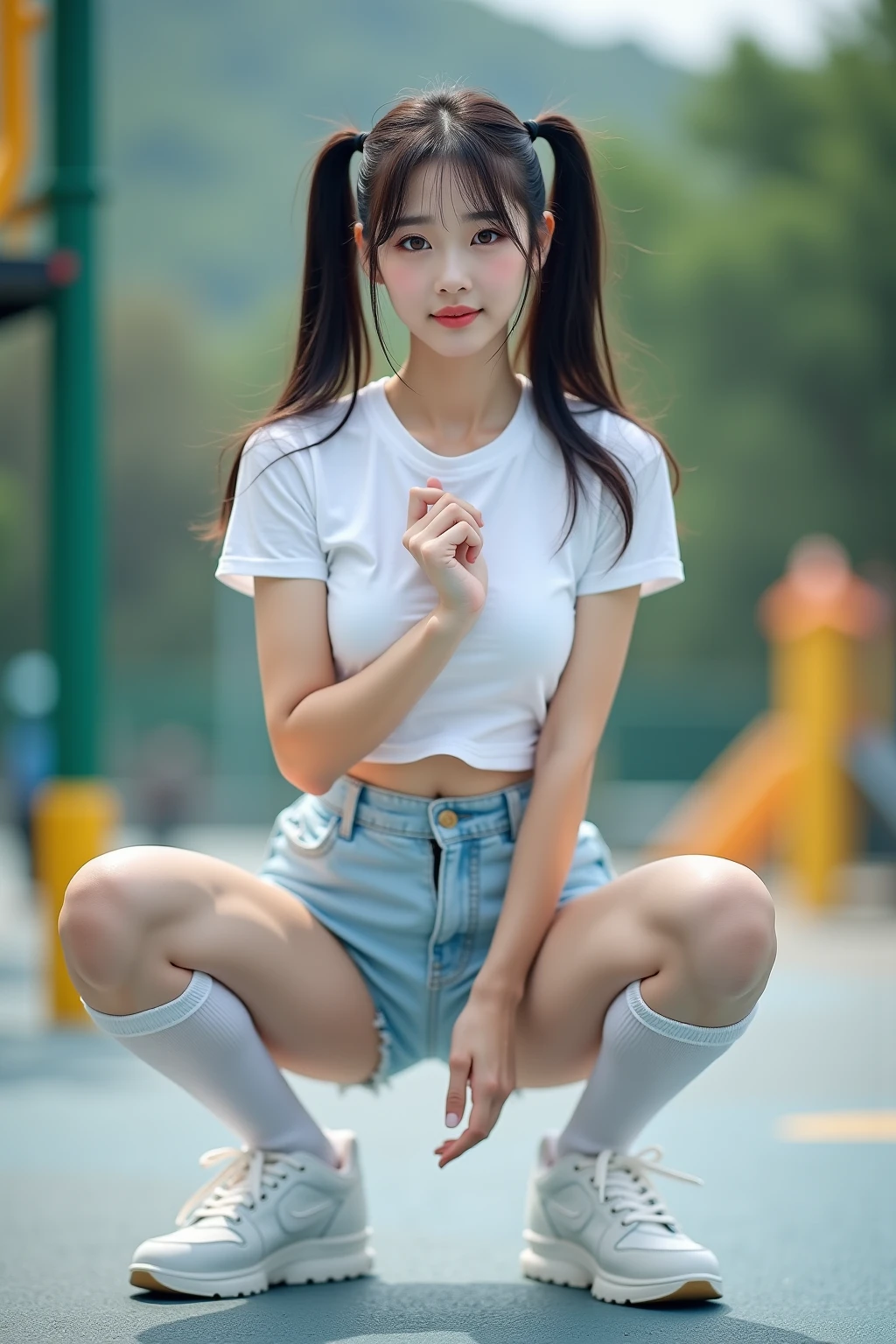 a woman sitting on a table holding a pillow over her head, pretty face with arms and legs, photo of slim girl model, photo of slim girl, chinese girl, a cute young woman, casual pose, wearing casual clothes, xintong chen, cute young woman, korean girl, full body cute young lady, attractive pose, full body xianxia, wenfei ye