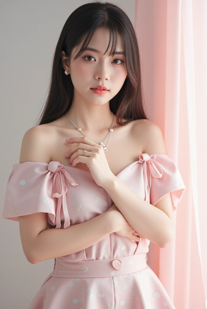 (((best quality))),(((ultra detailed))),(((masterpiece))),illustration,((1girl,solo)),(shoulder-length straight bob:0.8),(black hair:1.3),((bright eyes,flawless skin)),((slim,thin)),((small breasts,flat chest)),(dog collar with a bell:1.2),(pink sheer dress:1.3),(slender legs:1.2),(loafers:1.2),sweetheart neckline,innocent yet alluring,(In a pink princess theme bedroom:1.3),(standing:1.3),(arms behind back:1.3),(colorful gift box:1.3),wonderful expression,big bows,festive atmosphere,balloons and streamers,sunlight streaming in,radiant smile,anticipation,joy and excitement,capturing a moment of pure happiness,((from front,full body))