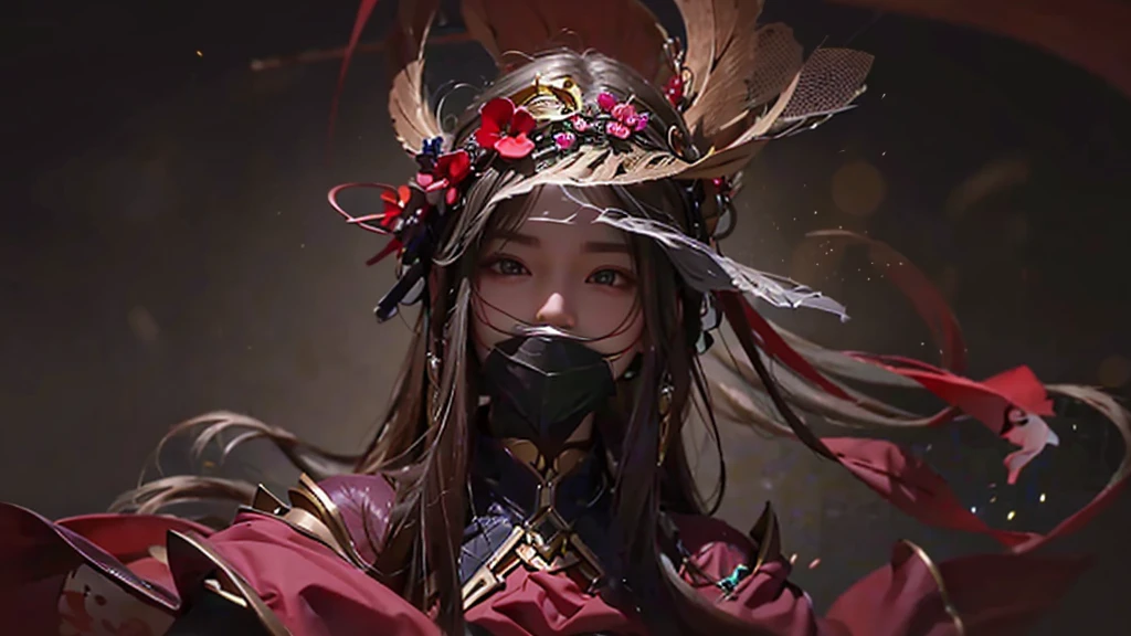 1 mature female solo, long brown hair, red eye, golden hair accessories, ((red eyepatch)), red cape, white fur collar, black and red outfit, black fingerless gloves, cinematic shot, cinematic light, ((portrait closeup face))