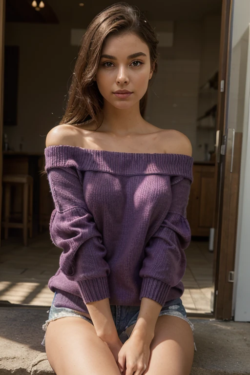 BrookeMonk, piercing eyes, very happy,long hair, wearing an off-shoulder sweater, choker, close up of the face, front view, afternoon light, skintight lavender color clothes