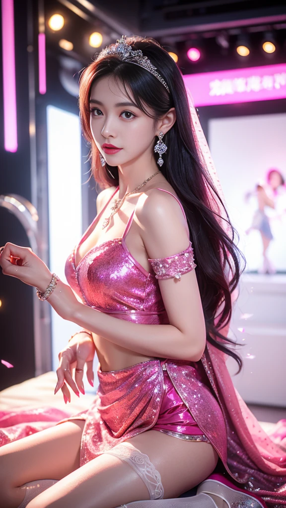 sexy Thai model who controls poison、beautiful smile、lipgloss、bold lipstick、intense makeup、look at the camera、full body Esbian、、sparkling poisoned flower costume、、、、sparkling Colorful hair、secrete poison、skull hair accessories、sexy tights、shiny sparkling flowers background