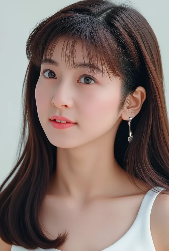 (highest quality、16K high resolution、Super detailed、masterpiece、Live shooting、realistic:1.5、hyper realism:1.5、sharp focus、very delicate and beautiful、small details, bust shot), 3 Japanese woman, 160cm tall, 50kg, bust 84cm, waist 59cm, hips 86cm, heart-shaped face with a pointed chin, shoulder-length layered brown hair styled with soft waves, groomed eyebrows, large expressive brown eyes, a straight nose, full smiling lips, wearing a yellow floral blouse, blue jeans, silver hoop earrings, a few faint freckles adding youthfulness, an overall warm and approachable demeanor, {{{{resembling actress Aya Omasa}}}}