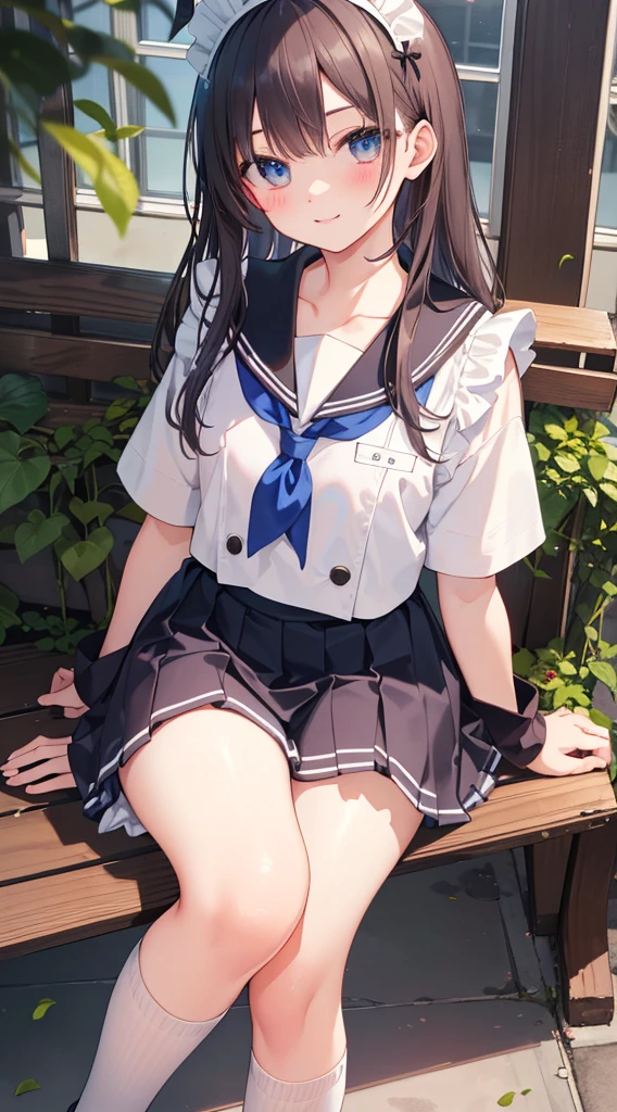 Two-dimensional，masterpiece, best quality, High resolution, 1 girl, long hair，emit，Hair color fades from dark blue to purple。      beach，Sailor suit，White短裙，White內褲，Beth，White，White吊襪帶，Sailor suit襯衫濕透，The top is translucent。sitting position，Lying on the bench，lie flat，lie on back，Legs open，do the splits，Beautiful crotch，legs apart，slit，blush，Red hearts in eyes，雙Legs open，legs wide open，Make a cross，crotch exposed，take off skirt，Beth，white silk，An angry expression，No panties，Hands are handcuffed