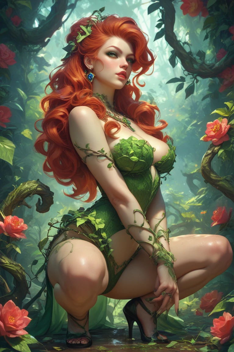 a beautiful girl bent over a lying monster - close-up ,  A small scarlet flower grows nearby ,  fairy garden, Beautiful,  realistically, filigree, light particles, fantasy, botanical,  octane,  reality SwiftKey, neon render of a scarlet flower