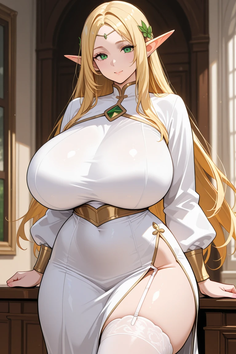 hiquality、16 K、Official art、(NSFW)、adult woman,((Huge breasts)),((big butts)),((thick thighs))、blush,Long hair,Blue eyes,((a blond)),((Forehead))、Sweat,white glove,white knee-socks、((fatness))、((:D))、One eye is closed,Gold bangles,cleavage cutout、((white dres))、a miniskirt、Panchira、Light blue panty、posterior view、from behind