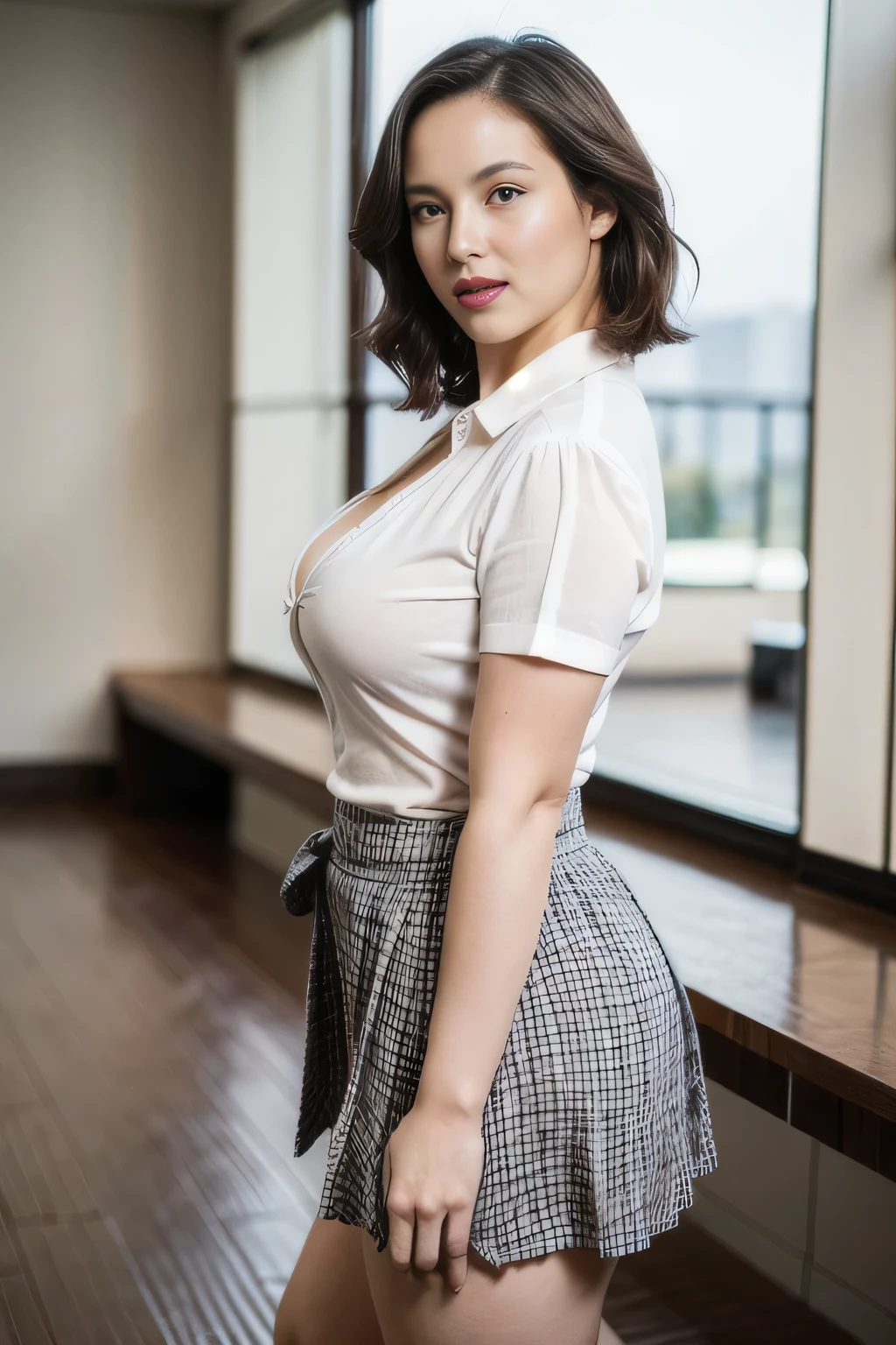 nsfw, 8K raw photo, Best quality, masterpiece, ultra high res, film grain,filmg,
1girl, looking at viewer,
natural skin texture, realistic eye and face details, full lips, lipstick, rouge \(makeup\), red eyeshadow, fluffy short hair, messy hair, smile, close mouth, beautiful legs, tall female, skinny, slim_legs, solo,
enormous breast,cleavage,
Pose with buttocks facing you,
ultra short skirt, ass, shirt,
beautiful nature location,around flower location, plaid skirt, white shirt,
enormous breast,cleavage, Show a little cleavage through the shirt,
loafers,
blurry background, blurry, holding, plaid, short sleeves, jk ribbon on the neck, jk ribbon,
brown hair, bracelet, water, bangs, school uniform, jewelry, parted lips, lips, from side, pleated skirt,
depth of field, black hair,
looking at viewer