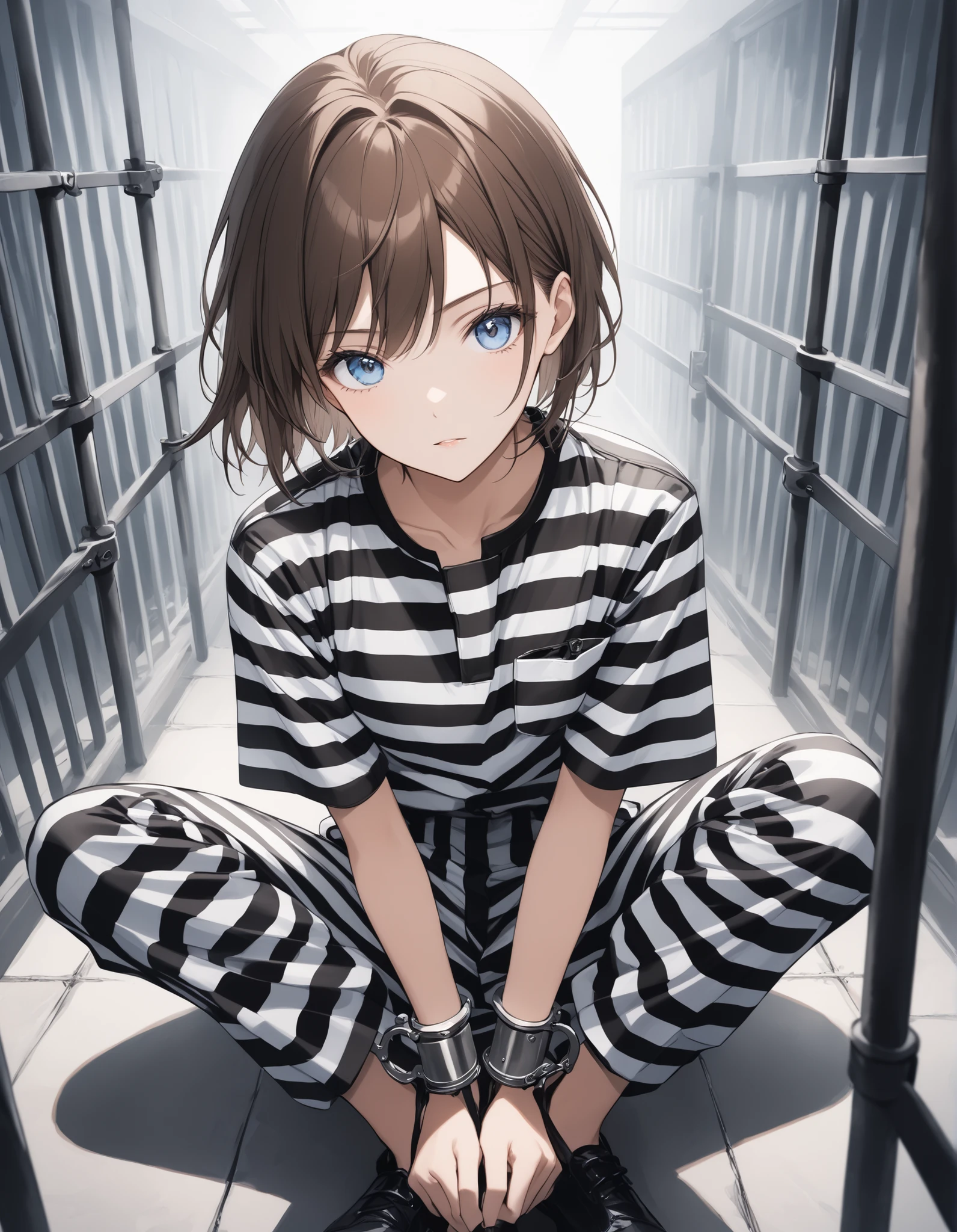 high quality,ultra high quality,best quality,ankles shackled up, metal leg shackles,handcuffs, cuffs,miyano_shiho, brown hair, blue eyes, short hair, 1girl,solo, black and white striped shirt, black and white striped prison uniform ,black and white striped jumpsuit, uniform, black and white striped pants,prison,looking at viewer,prisoner