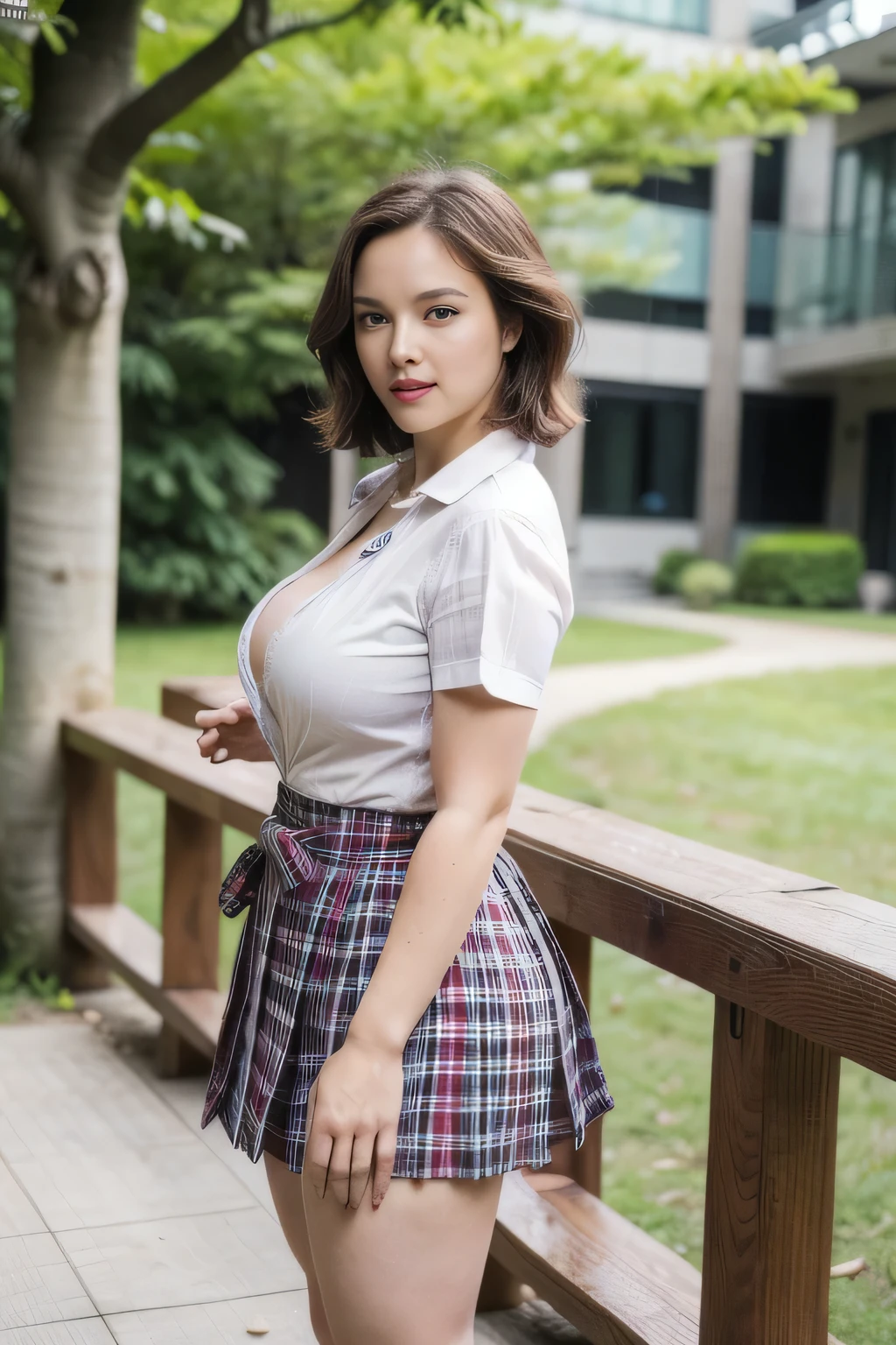 nsfw, 8K raw photo, Best quality, masterpiece, ultra high res, film grain,filmg,
1girl, looking at viewer,
natural skin texture, realistic eye and face details, full lips, lipstick, rouge \(makeup\), red eyeshadow, fluffy short hair, messy hair, smile, close mouth, beautiful legs, tall female, skinny, slim_legs, solo,
enormous breast,cleavage,
Pose with buttocks facing you,
ultra short skirt, ass, shirt,
beautiful nature location,around flower location, plaid skirt, white shirt,
enormous breast,cleavage, Show a little cleavage through the shirt,
loafers,
blurry background, blurry, holding, plaid, short sleeves, jk ribbon on the neck, jk ribbon,
brown hair, bracelet, water, bangs, school uniform, jewelry, parted lips, lips, from side, pleated skirt,
depth of field, black hair,
looking at viewer