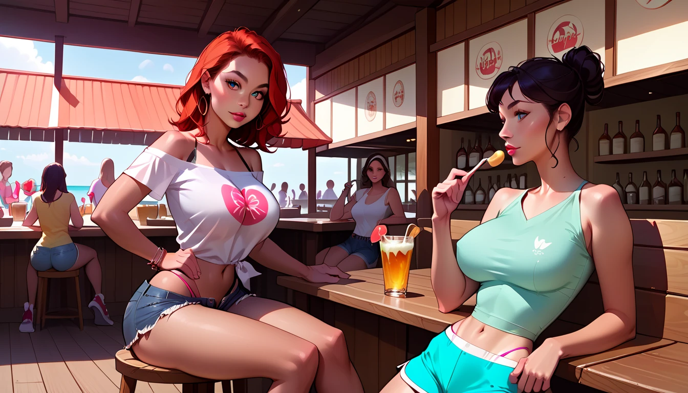 Five beautiful busty women wearing resort dresses are sitting on chairs by the seaside, enjoying a beach party. On the table are delicious-looking food, colorful cocktails, and sparkling wine. beautiful sunset sky. The sun is sinking into the sea. gigantic breasts, cleavage