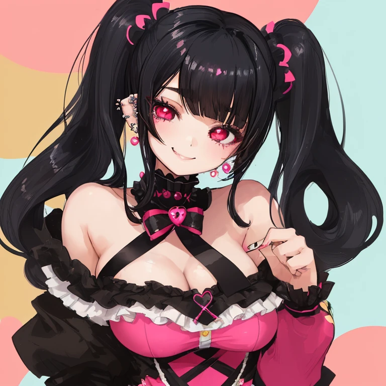 (Twoheads), (masterpiece, best resolution), (2heads:1.5), 1girl,solo,heads squished uncomfortably, squirming expressions, kissing, heads kissing, black hair,smile,breasts,ribbon,long hair,two side up,hair ribbon,pink eyes,twintails,medium breasts,looking at each other,bangs,blunt bangs,lipstick,(gothic background:1.2),(bike shorts :1.2),(Standing with one hand over the heart :1), conjoined