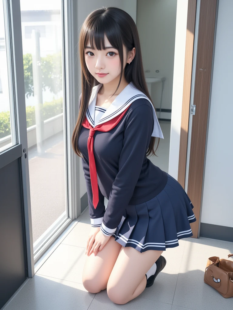 (a sailor suit:1.3)、hi-school girl、Sexy and cute、Colossal tits、perspiring、Wet crotch、seductive angles、(White pantyhose:1.2)、Best Quality, masutepiece, 超A high resolution, (Photorealistic:1.4), Raw photo,8K,japanes、女の子1人、、Perfect looks、hi-school girl、In the middle of the road of Odori、cute face、A smile、(Full body portrait:1.2)、stunningly beautiful、dynamicposes、delicated face、Lively eyes、No letters、No logo、Ponytail and scrunchie、((Stand with your feet shoulder-width apart:1.2)、 Wriggle your hips slightly、Cute smile、cammel toe、Black loafers、(a miniskirt:1.2)、((Pink panty:1.2))、Crouch down、Spread your legs wide、squatt