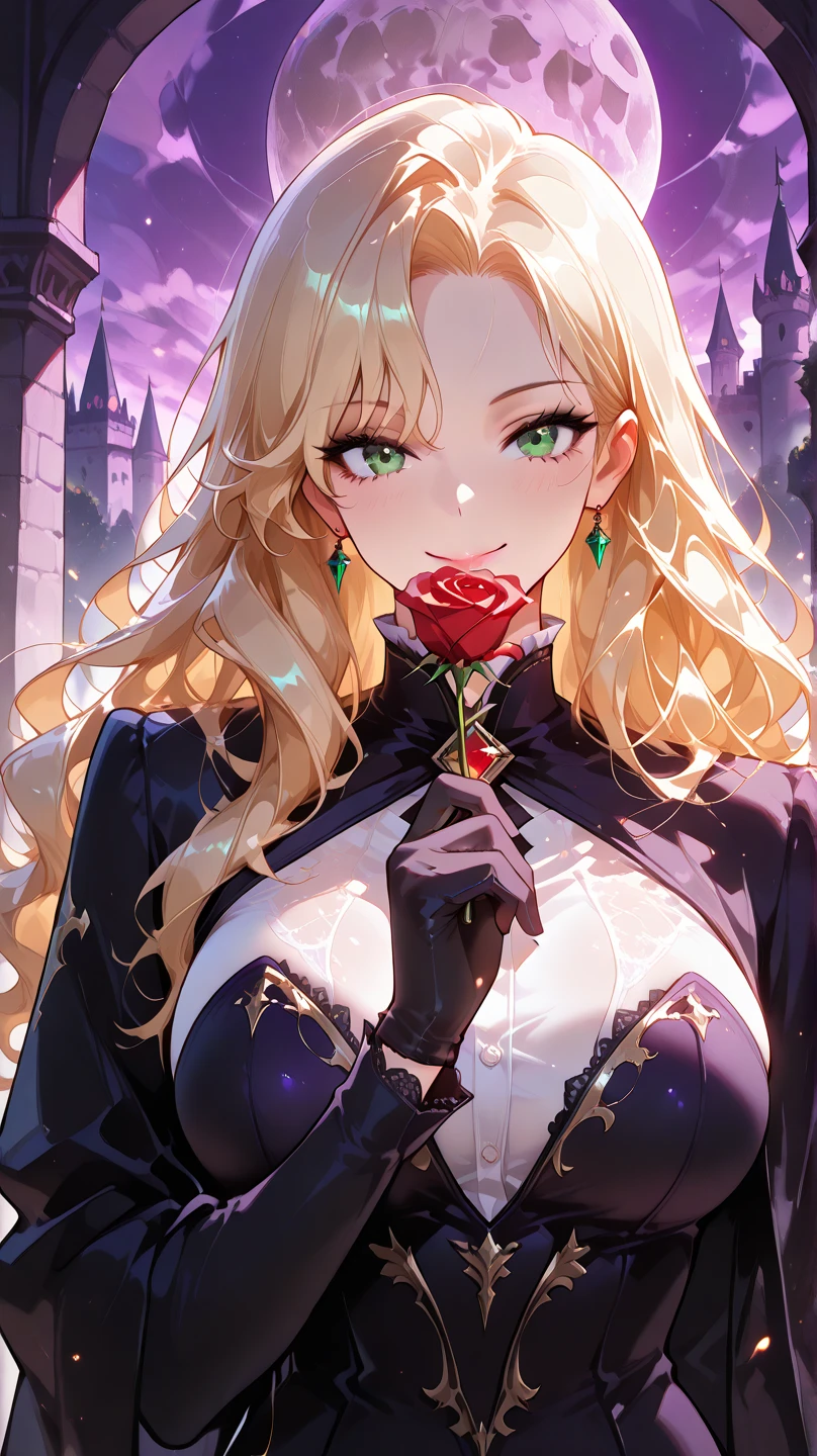 corrupta, shoujo style, floral background, romance manhwa, 1girl, blonde and pink hair, solo, long hair, flower, dress, tiara, white dress, gloves, long sleeves, thick eyeblows, purple eyes, gloves, purple bow, purple flower, wavy hair, standing, bow, jewelry, looking at viewer, white background, evil smile, grin, collarbone, puffy sleeves, skirt lift, upper body, parted bangs, very long hair, purple dress, frills, bangs, cowboy shot, big breast, cleavage, dark persona, corruption, (glowing eyes), tattoo, revealing clothes,