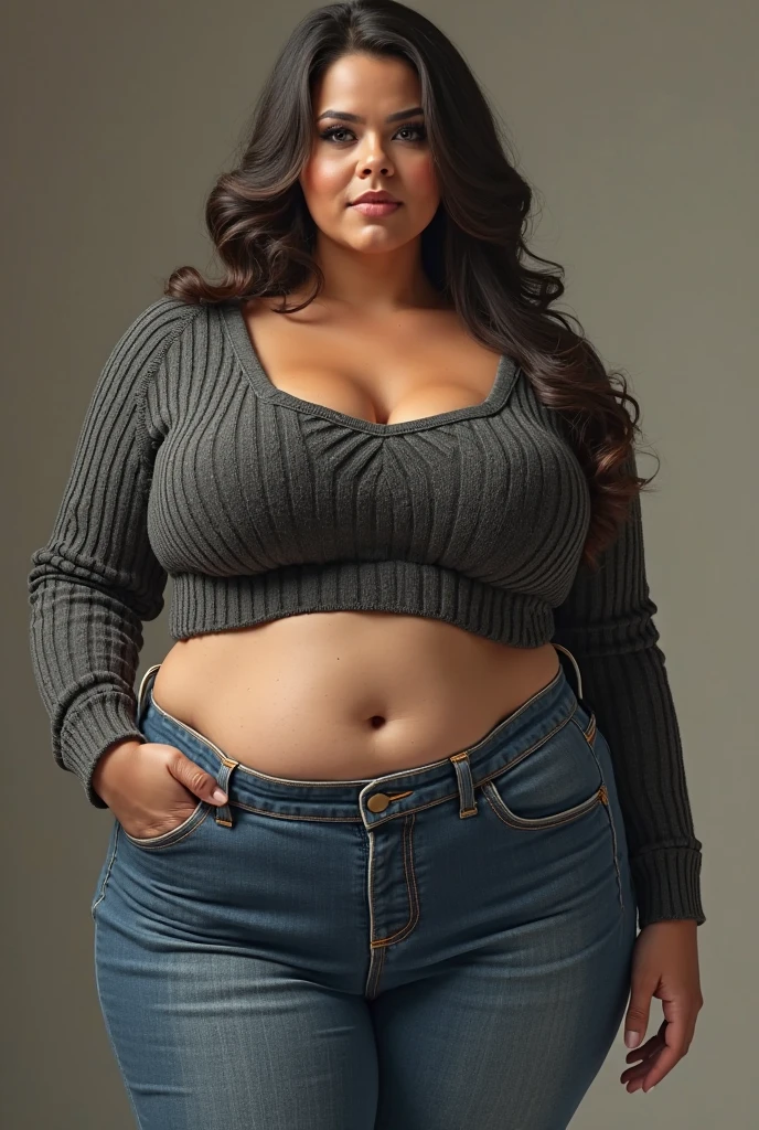 a girl that is 4'9 feet. She has dark brown hair but peach lines also. She is wearing jeans. She chunky, big, and fat. she is wearing a black knitted long sleeve shirt but the shirt is showing a little bit of only her belly button. Her hair is going straight down and not curly. It is a real life person and she is light brown skinned. and she is Mexican. And has makeup on. She has big eyes and a big head. And doesn't have big eyebrows. Not cartoon style. She has a big forehead