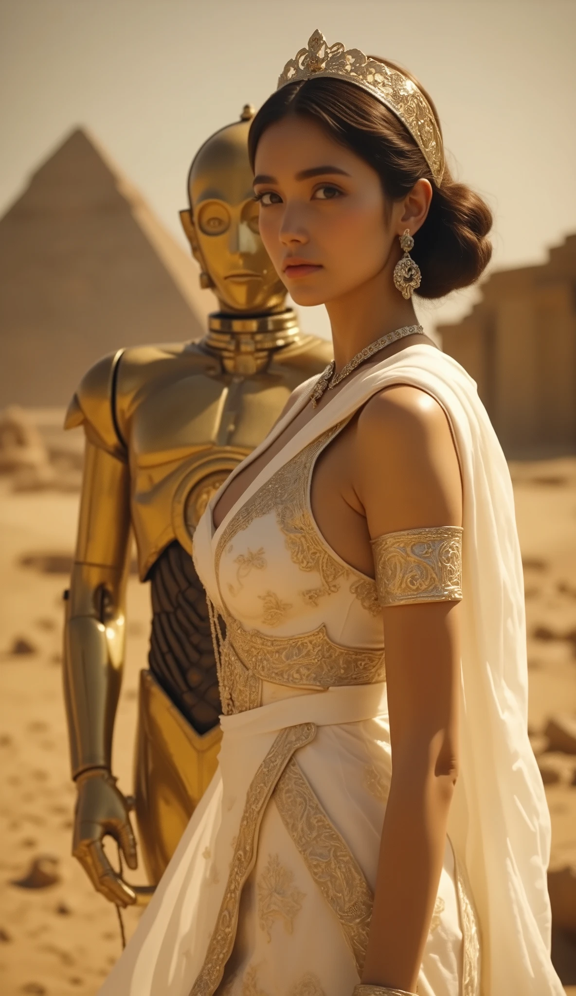 Sepia-toned photo of ancient Egypt, Cleopatra and R2D2