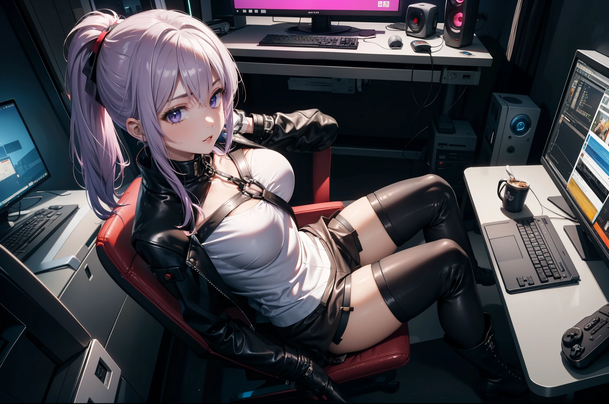 (Masterpiece, better quality, detailed), a chic, Alone, seen from above, ((sitting in a gamer chair)), ojos detaileds, purple eyes shirt, Lavender hair short ponytail, Love, medium breasts, sensual lips, ((harness on the torso)), ((black leather jacket)), (black gloves, ((short school miniskirt)), ( brown stockings), (black boots), room with cyberpunk style gamer computer, (at night)