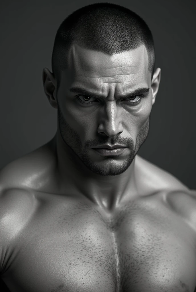 a highly detailed, extremely photorealistic, hyper-realistic 3D render of a humanoid with a prominent jawline, detailed facial features, intense gaze, muscular body, hyper-detailed skin textures, dramatic lighting, cinematic composition, award-winning CGI, 8K resolution
