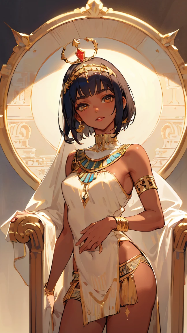 ((best quality)), ((masterpiece)), (detailed face and eyes), perfect face, accurate, textured skin, high details, highres, perfect body, Cleopatra, queen of ancient Egypt, silk dress, jewelled crown, lipstick, cowboy shot, Tanned skin, brown skin, short hair, throne