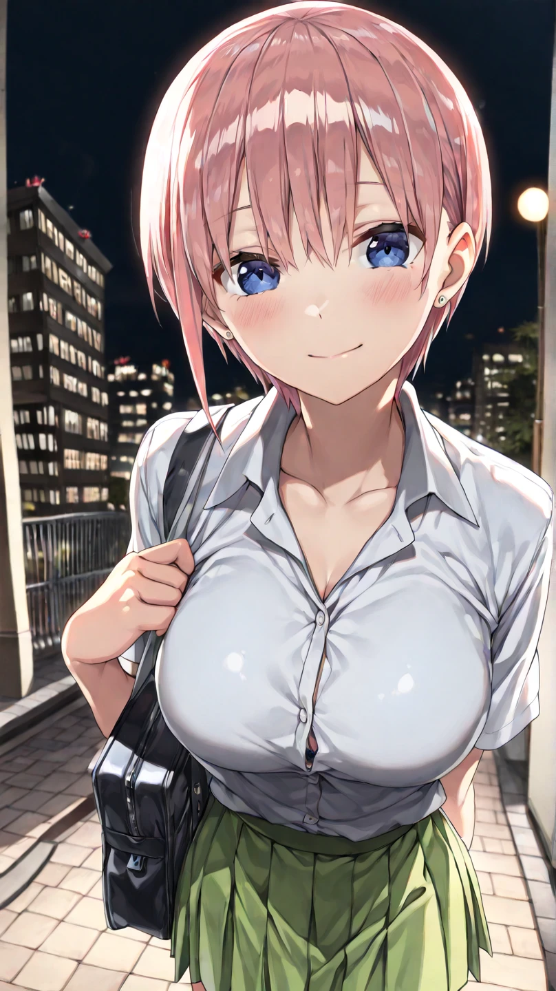 masterpiece, best quality, highres,(pov_hand grabbing breasts),,1girl, 1boy,age difference,bowtie,blonde hair,breasts,long hair,pink hair,pleated skirt,shirt tucked in,short hair,skirt,smile,tented shirt,in street