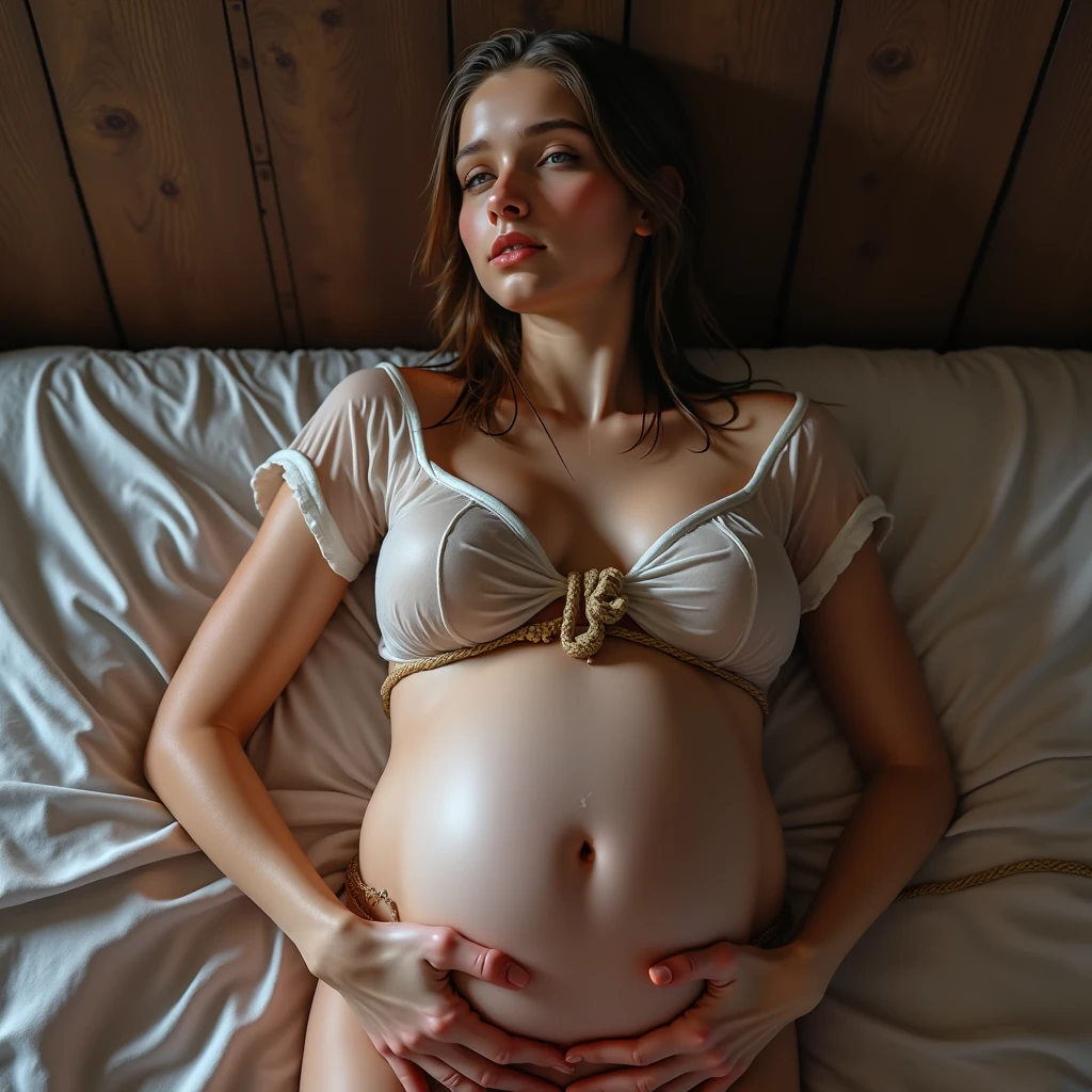 Sexi girl, pregnant, big , lies in bed, spread legs,
