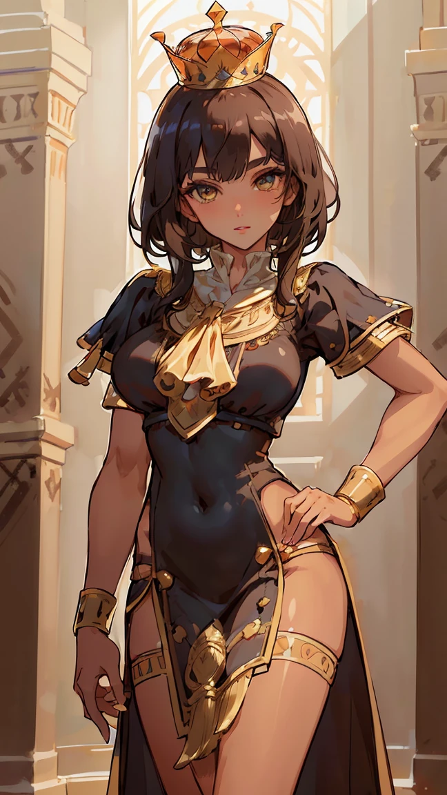 studio background, fundo simples, uma menina, latina face, brown skin, long natural brown hair, glamour, Stand up, maquiagem, Lips are soft or colored, , silhuetas fluidas, Stand Up, provocador, surprised facial expression, bashful, simple lighting and texture, fantasy elegant clothes