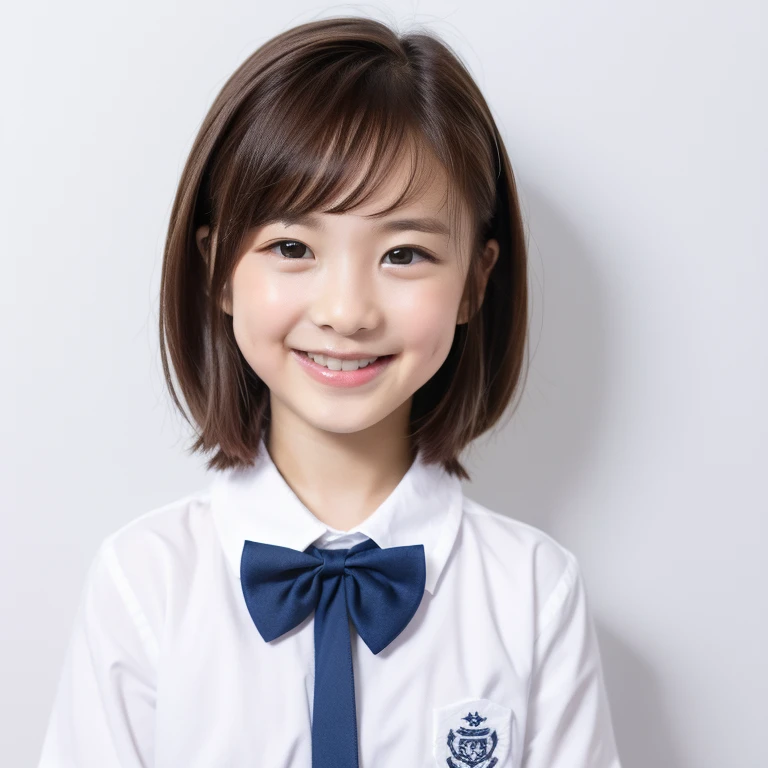 Modern style, white background, kids ID photo, cute, smiling girl, dark eyes, short hair, bow tie, clear