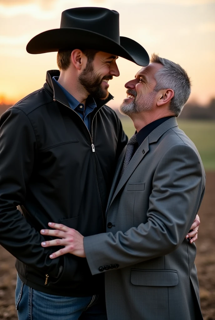 Two lumberjack-style men, mature, about 50 years old, burly, with plaid shirt and jeans with lumberjack boots. Romantic dinner in a rustic farm setting. Whole body. Beer glasses. The men are looking at each other and kissing passionately. Romantic scene on a farm at sunset. The sky is yellowish, reddish and orange. Photorealistic scene, super detailed and realistic. Natural ambient lighting entering light through the window. Depth of field of the lens. 8k