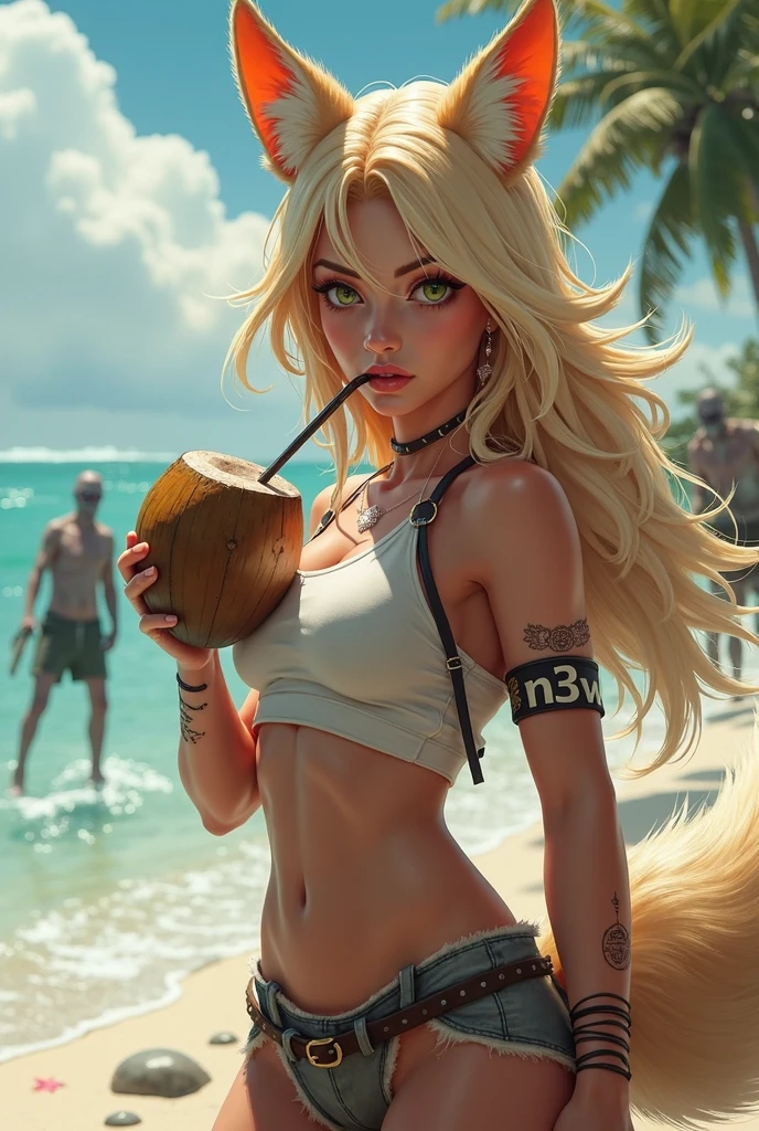 portrait of young woman with long blonde (((dreadlocks)), hair flowing, wearing a (green and yellow bikini), (Heterochromia eyes : 1.3), ((smirk)), (body and neck tattoo :1.3), (((giving the finger: 1.8))) shiny eyes, raised eyebrow,, small details, sexy, ultra detailed, best quality, well drawn hands, masterpiece, beach background, (volumetric lighting, bright), oil painting, 4k wallpaper, aesthetic, masterpiece, award-winning photography, abs, macro photography vivid colors, photorealistic, atmospheric, cinematic, moody, rule of thirds, detailed, perfect anatomy <lora:middleFingerLORA_midfingv1:1> <lora:samdoesartsSamYang_normal:0.5>
