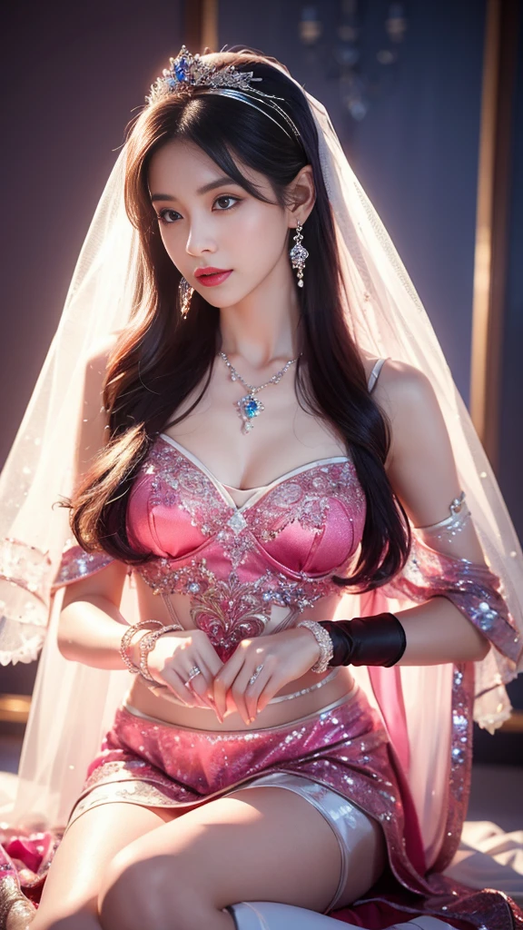 4K, UHD, masterpeice, 1 girl, good face, happy face, ((white skin)), detailed eyes, detailed lipstick, very long hair, straight hair, very long hair, beautiful hair, hair ornaments, hairband, gradient hair, ((magenta stocking)), ((princess clothing)), ((decorated clothing)), ((sardine)), ((sparkle clothing)), ((magenta lace)), ((diamond bracelet)), ((pendant)), ornaments, necklace, earring, high lighting, ((in the wedding stage)), fujicolor, depth of field, ray tracing, ultra realistic detailes,