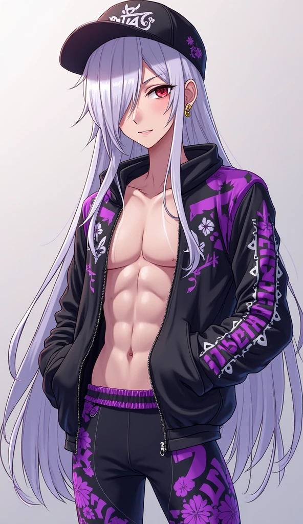1 femboy, long white hair, dark purple eyes, black coat and short shorts.