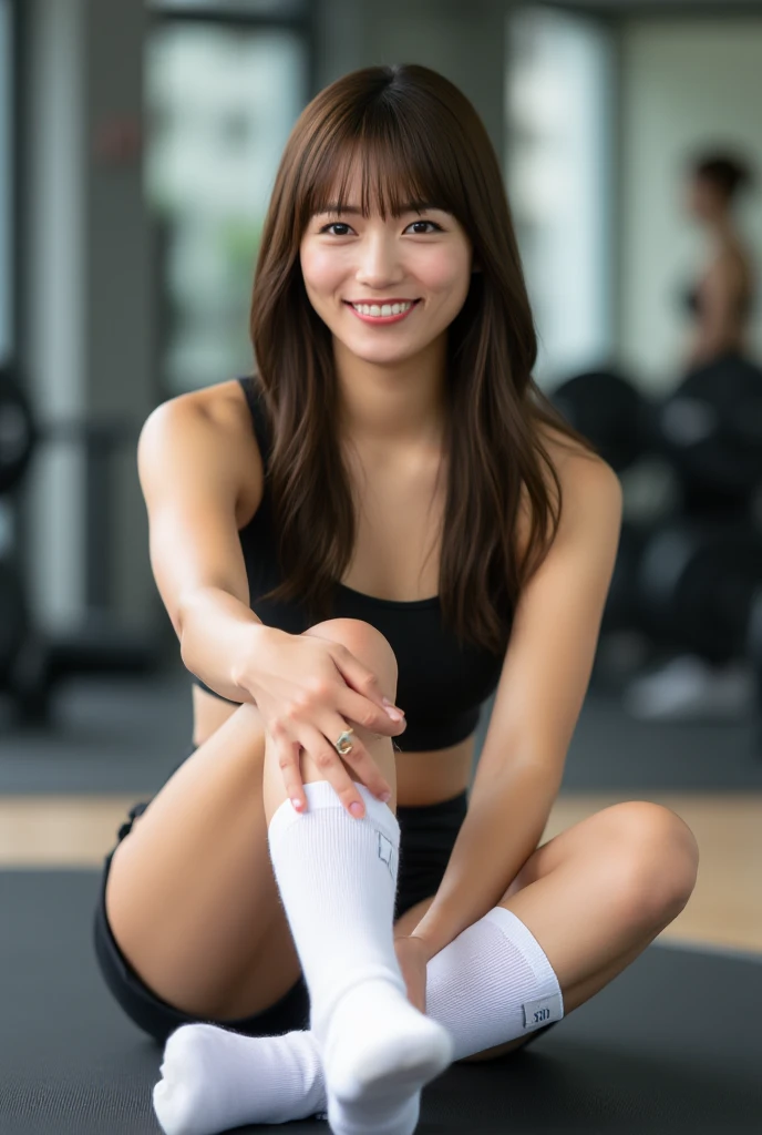 run-6500-v1.1、(RAW Photos:1.2)、(Realistic)、(Genuine:1.4)。One girl、Perfect Anatomy、Age 25。Looking at the camera。White Nike socks are beautiful
(Try on realistic white socks:The socks have a black Nike logo。1.2)、
Purelos Face_V1、Highest quality、Photorealistic、8k、High resolution、One huge boob、Perverted woman、(Skin dents)、(whole body:0.6)、nice、Dynamic Pose、((Gym、training:1.6))、Black Tights Coconut Palm Medium Size Round Breasted Sportswear:
1.4))、Look directly at the viewer:1.8、(A girl with amazingly long hair is looking at the audience。、Black is、Parted bangs:1.65)、(Bokeh)、With a smile:1.2、(Mouth closed:
1.16)、(Squat pose)White thigh-high socks、White socks、Beautiful legs、I&#39;m wearing Nike shoes。Black tights style leggings、The socks are white thigh-high socks with the Nike logo.。
she、Highlighted with white knee-length socks featuring the Nike logo。Black Nike logo on socks。There is always one black Nike logo visible on the socks.、Two perfect pairs of legs　Both hands are beautiful