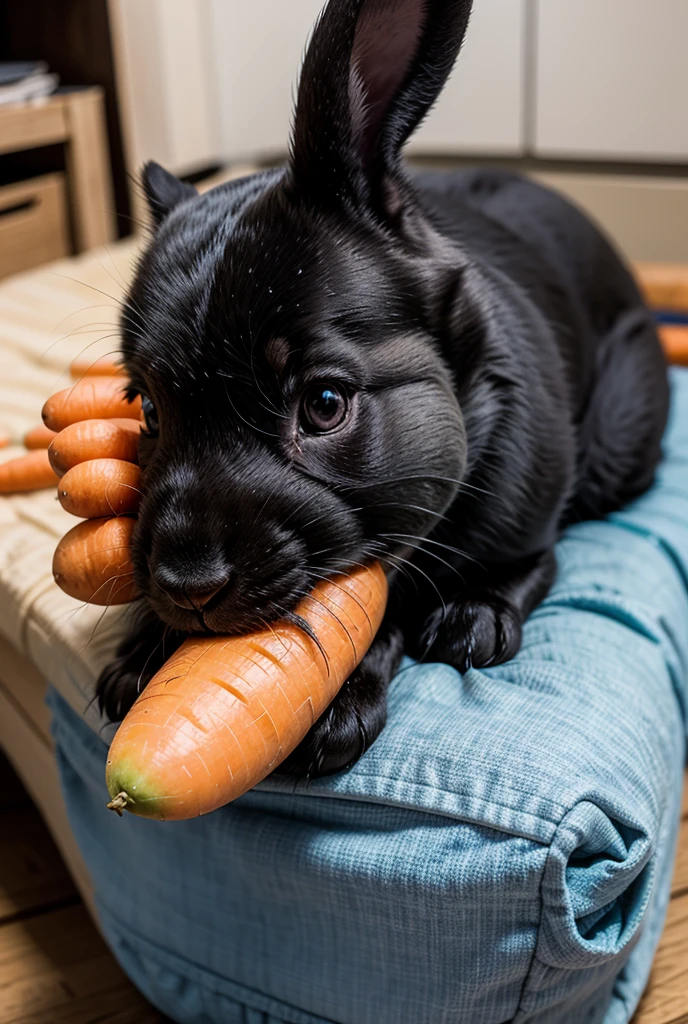 Black Akita male puppy with swollen abdomen due to parasites in position with back against the floor and looking up