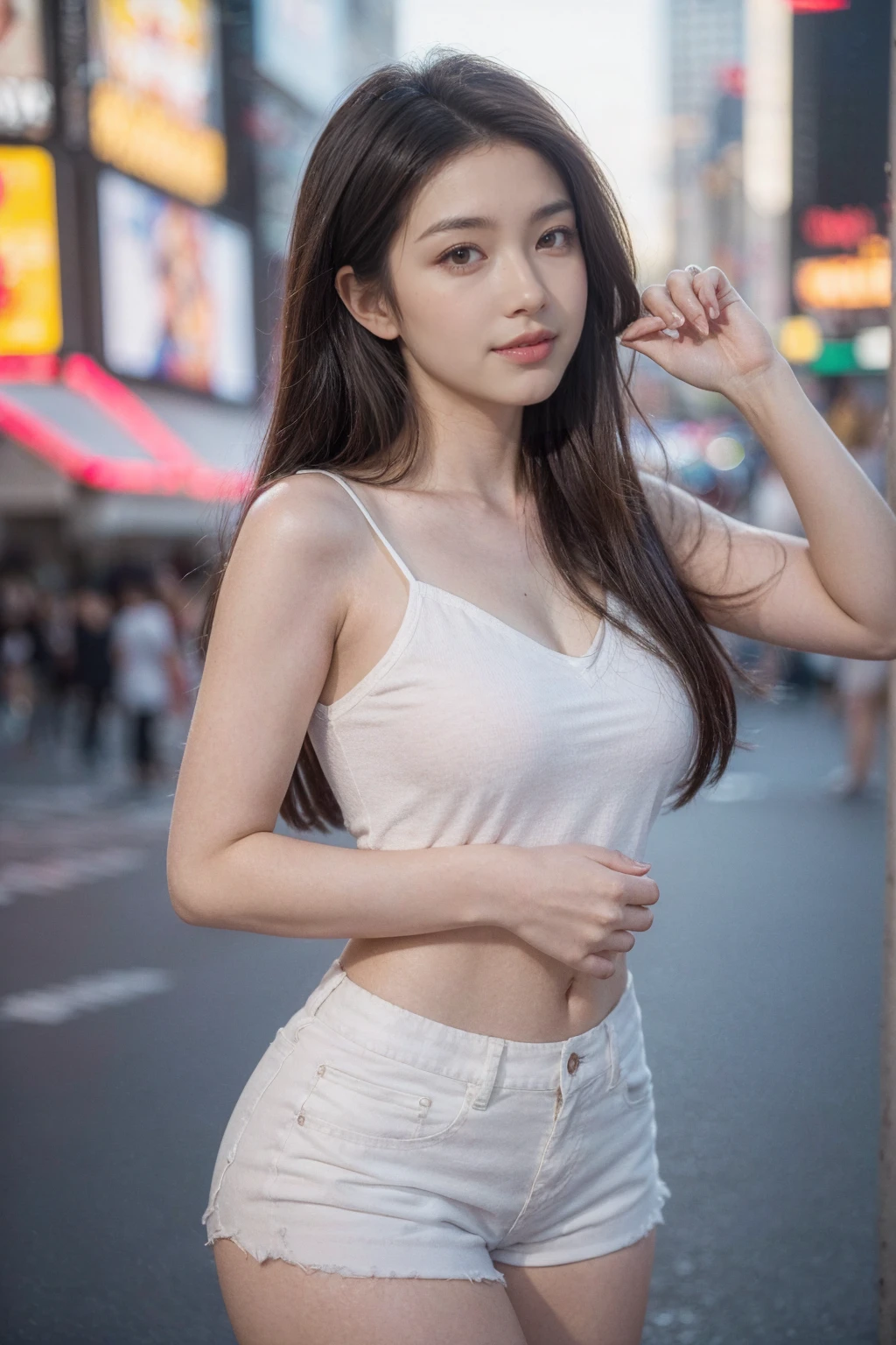((Realistic lighting, Best quality, 8K, Masterpiece: 1.3)), Focus: 1.2, 1girl, Perfect Figure: 1.4, Slim Abs: 1.1, ((Dark brown hair)), (White dress: 1.4), (Outdoor, Night: 1.1), City streets, Super fine face, Fine eyes, Double eyelids,