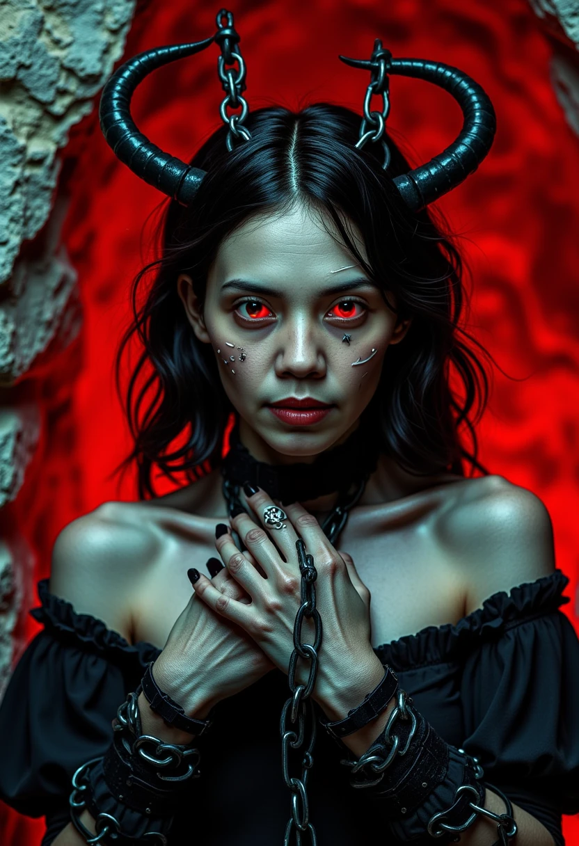 closeup portrait. Silhouettes of dark ghostly ugly face woman. wrinkled face, capture the essence of mystical ugly creation. She stands waiting to be released, flame horns, dark red eyes. stone cracked lava skin, black and fire color palette. Realistic. DEVIL SPAWN, black iron collar and hand band chained to the lava wall behind her.
