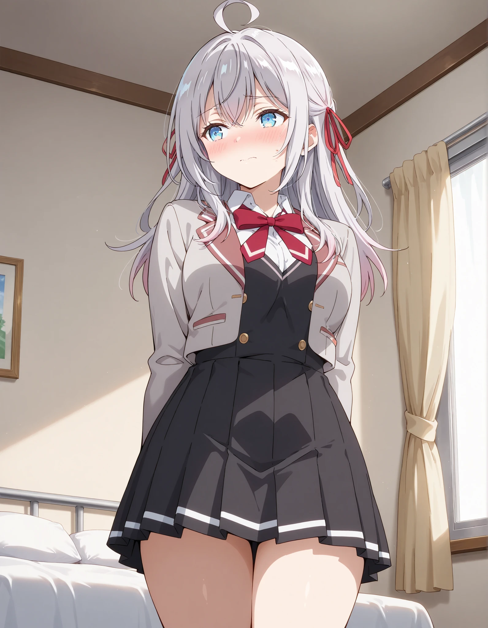 chikafujiwara, chika fujiwara, black bow, blue eyes, blunt bangs, hair bow, long hair, pink hair,
BREAK black dress, dress, pinafore dress, school uniform, shirt, short sleeves, shuuchiin academy school uniform, white shirt,
BREAK looking at viewer,
BREAK indoors, classroom,
BREAK (masterpiece:1.2), best quality, high resolution, unity 8k wallpaper, (illustration:0.8), (beautiful detailed eyes:1.6), extremely detailed face, perfect lighting, extremely detailed CG, (perfect hands, perfect anatomy),(white panties:1.5), (skrit lift:1.5), standing, small breasts, (short, tiny, little:1.5), blush, embarrassed,from below, cowboy shot, dutch angle