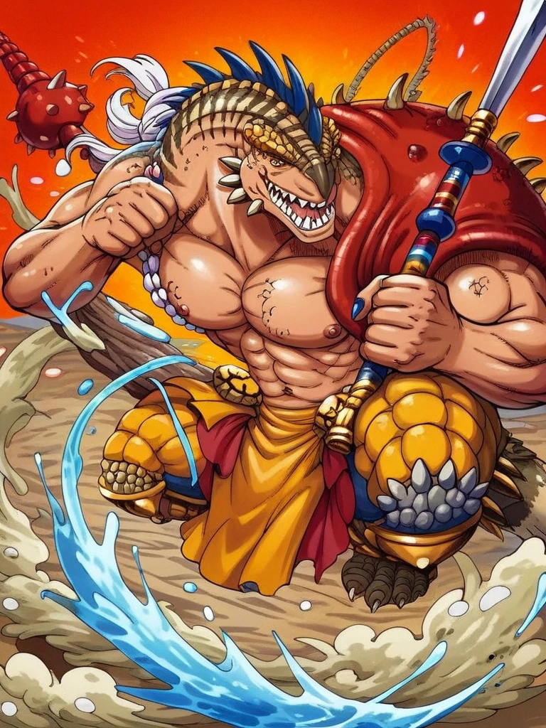 "Raijin Sea-Stork, a muscular shark-type male Fishman from One Piece, with dark blue scales and golden eyes. He has a trident-shaped scar on his right shoulder., Wielding a long, ragged pirate coat with a discarded marine insignia on his belt. Exudes a chaotic, free-spirited aura., embodying strength and compassion, ready for high seas adventure."