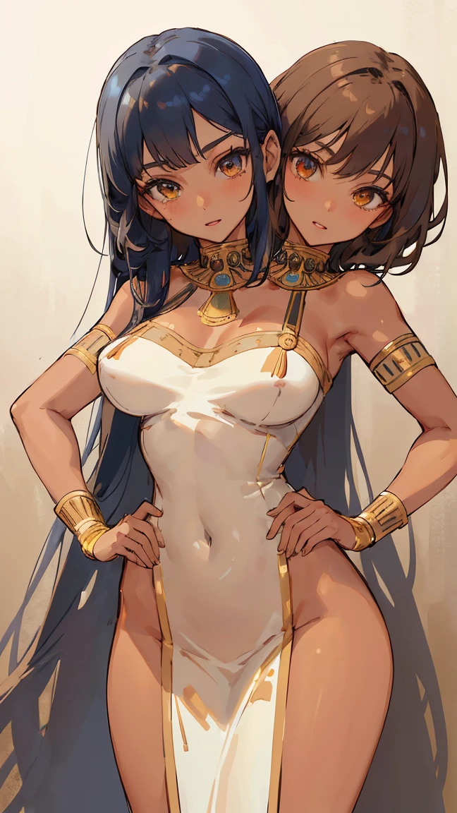 two Women,one with tan skin, one with paler skin, both have their hairs covering their eyes. one Chestnut brown long hair, one has long silver hairs. both have Volumptious body. both have their body Covered in bandages like a mummy. Revealing clothes, . one with Golden circlet, one with silver circlet. Giggling. Evil smile, egyptian style clothing, egyptian style hairstyle, thin waist, large breast, alluring body, kneeled, mouth veil, pushing  against each others, grasping each other hands, large breast, high res, one undead emperor in the middle between the girls