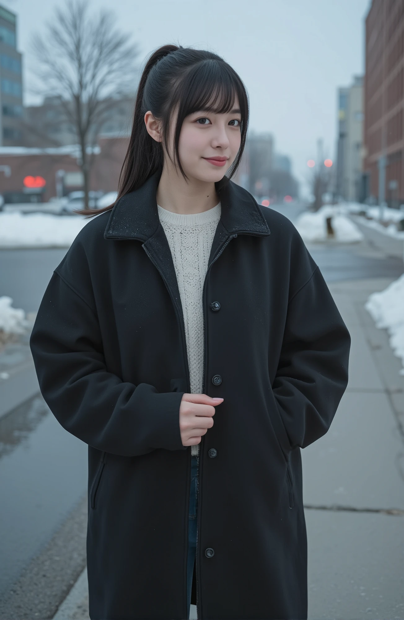 (mature adult woman wearing a leotard1By people),beautiful black hair,With bangs,(((ponytail))),((long hair)), realistic person images in dark waters,Realism,best quality,mastepeice,best quality,Max Video Quality,highest resolution,FINE DETAILS,Beautiful detailed face,black eyes,((realistic skin)),detailed background,( Exact Upper Body),(perfect upper body),(upper body),((Realismのある肌)),(smiles),((((super big )))),(((((I'm wearing a duffle coat))))),((((is wearing warm clothing)))),(((((I'm staring at me near the snowy downtown area))))),(((((that looks at me close to))))),(((((Snowy Outdoors))))),(((((Snowy City ))))),((((highlight your upper body and look at me up)))),(((walking))),(((((sweater))))),((((She wears jeans )))),((( dead trees))),