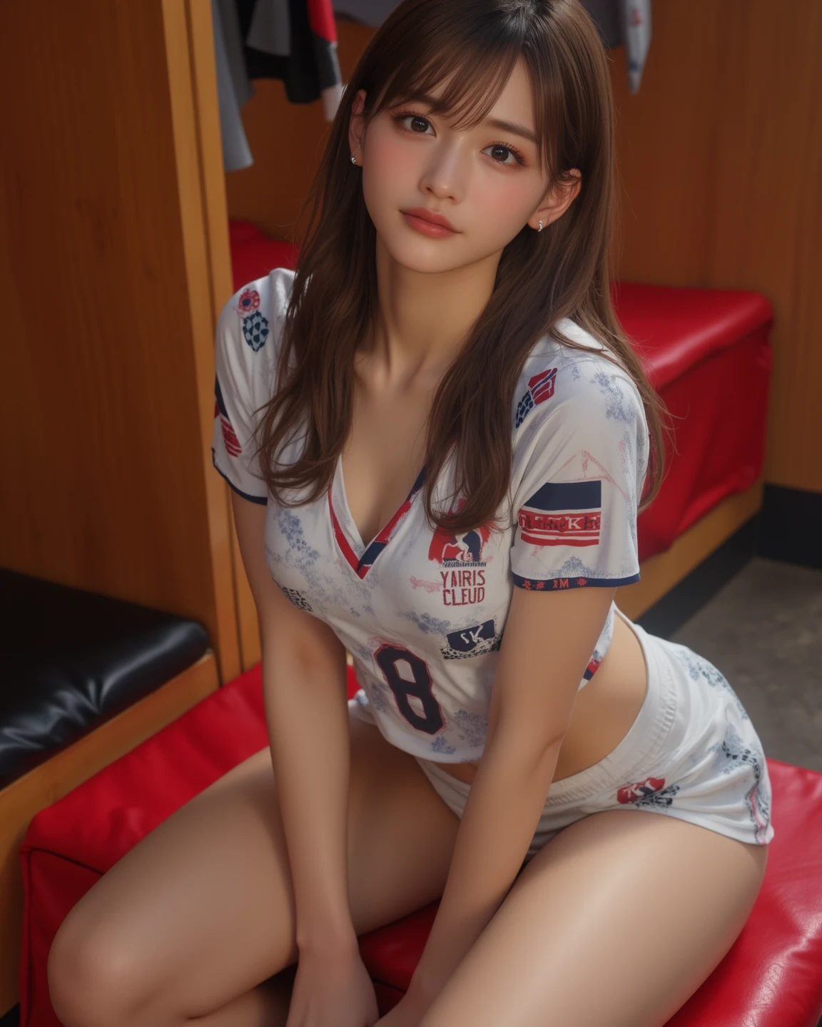 ((Immersive photos, Sexual Photos, Take a full body photo:1.4)),
(Wearing a thin volleyball team uniform:1.8),
(No bra, The shape of the nipples is visible,rich,Beautiful thighs,Ultra-detailed skin,Small pores in the skin:1.2),
((Her body is incredibly beautiful and stylish:1.2)),
((She is standing by the bed with her butt sticking out, She has an angry look:1.5)),
((She is being raped, Pushed onto the bed、My breasts are being squeezed hard:1.5)),
((18-year-old, Beautiful stylish girl, Naughty lips, Sexy body, Body facing forward:1.4)),
((Small breasts, Flat Chest, chest is slightly drooping:1.2)),
((Large bedroom, Cute Wallpapers, Tissue paper, Spotlight:1.2)),
Eye focus, Narrow shoulders, Beautiful clavicle, Thin arms, Thin legs, The back of the hand is beautiful and feminine, Slim figure, Soft belly, Tight waist, Highly detailed face, super detailed breasts, Ultra-detailed skin, Fair skin, Shiny skin,
Ultra-detailed lips, Fuller lips, Thick and soft lips, Glossy pink lips, Blushing, White teeth, blue eyes,
Beautiful actress makeup, compensate, Pink lipstick,
Dark brown hair, Delicate and soft hair, (Put your hair up, Fluffy short bob, ponytail:1.2), (Sweep your bangs to the side:1.2),
Stylish earrings,necklace,