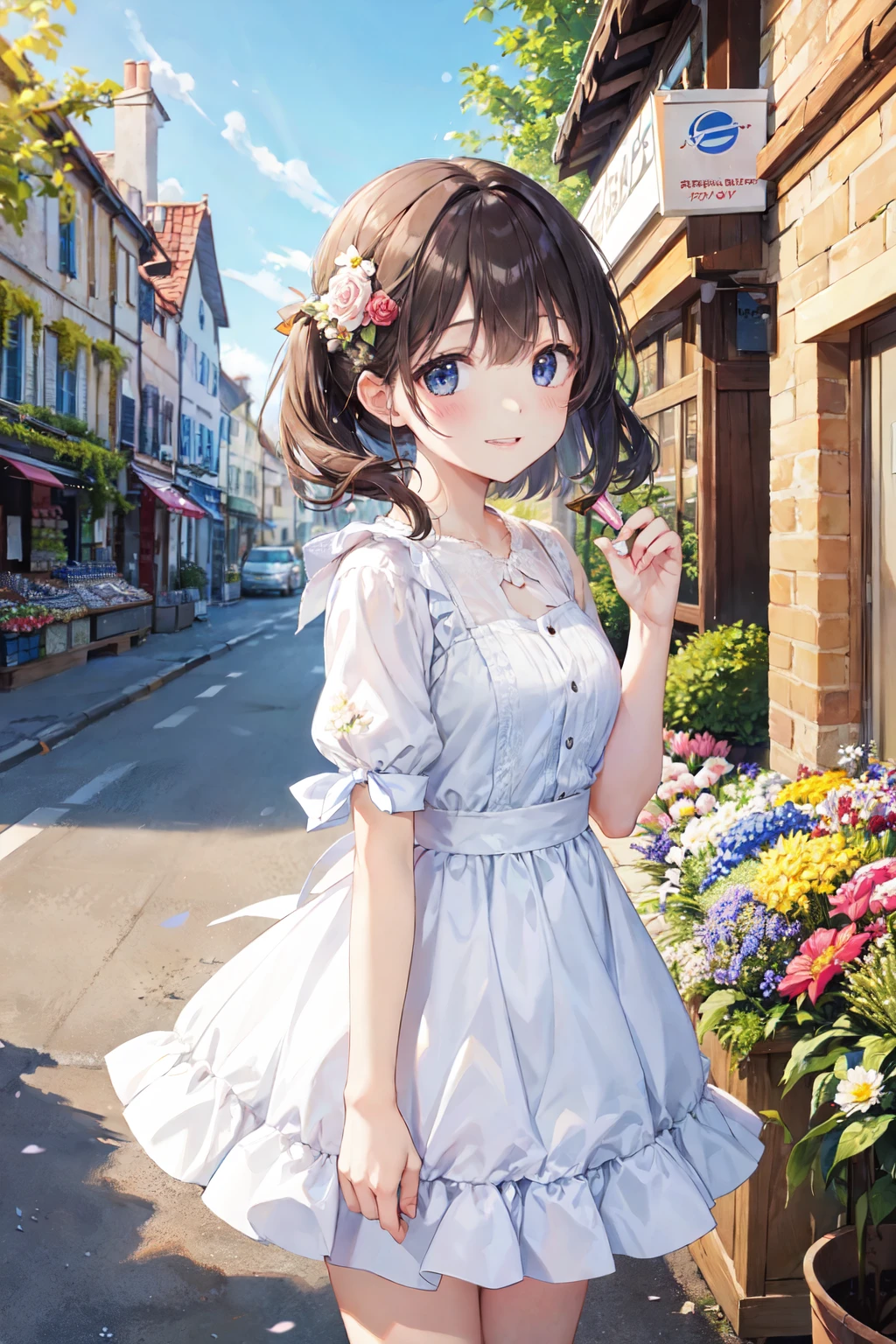 A Handsome Men with light delicately filtering through her hair, her summer dress is beautiful and she's standing in front of a cottage