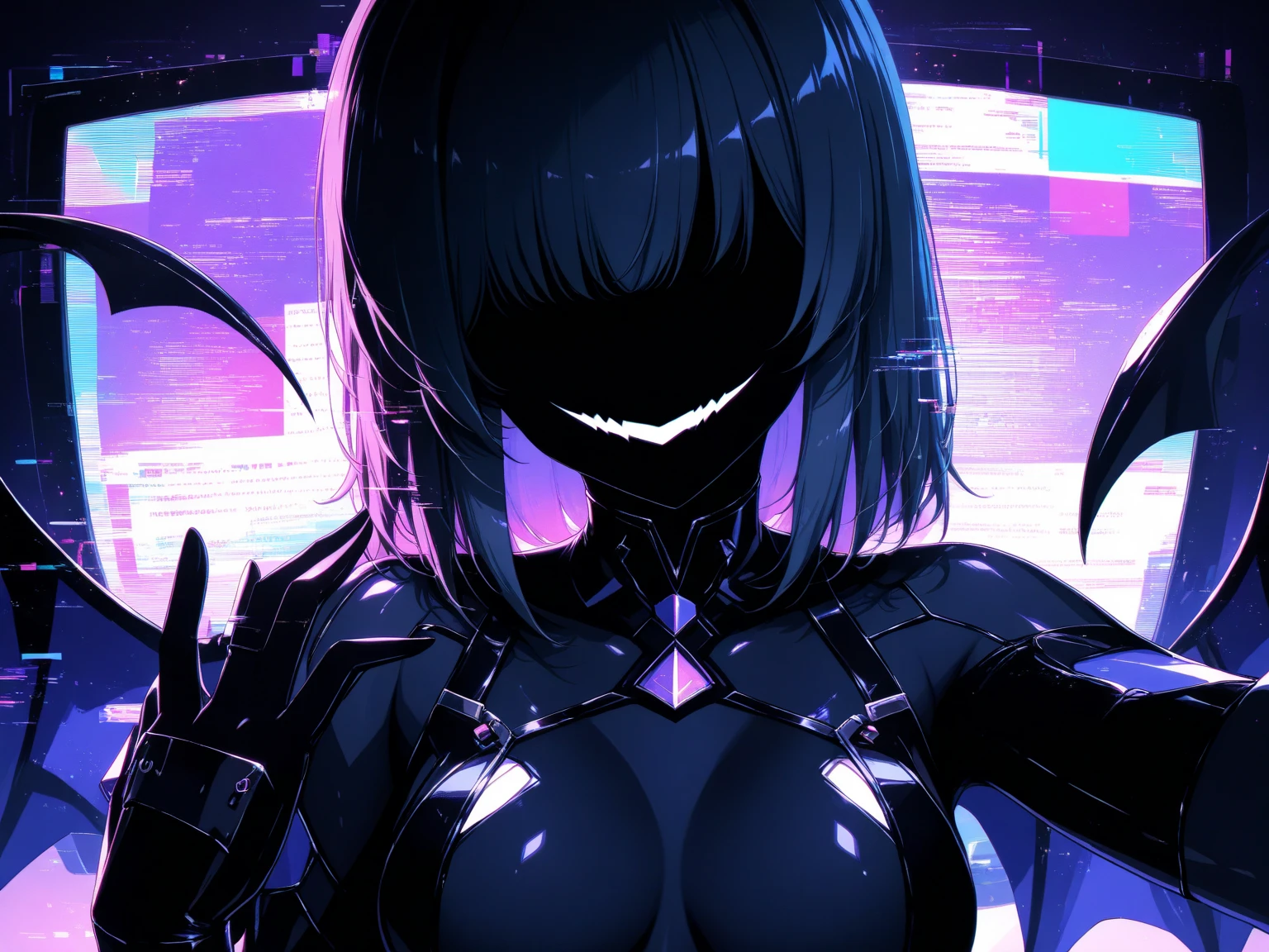 (Old photo-like image: 1.5, Monochrome image: 1.3, Black and white photo: 1.3, Glitch art: 1.4, Incredible high resolution, Masterpiece, Top quality, Highly detailed, CG, High quality anime), Woman on a monitor screen, Digital glitch: 1.4, Glitch noise: 1.4, Overall image glitch processing: 1.4, List of numbers floating behind, Monitor, Through the screen,
 BREAK (Silhouette of a succubus, Solo), (No eyes, No face, No highlights, Grinning mouth, Black skin, Demon wings, Very beautifully detailed face, Body suit), (Forming a  smile, Evil smile, Grinning smile, Yandere, Jito: 1.2, Shadowed face: 1.3, One hand reaching out towards you)