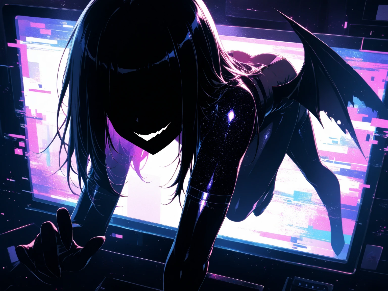 (Old photo-like image: 1.5, Monochrome image: 1.3, Black and white photo: 1.3, Glitch art: 1.4, Incredible high resolution, Masterpiece, Top quality, Highly detailed, CG, High quality anime), Woman on a monitor screen, Digital glitch: 1.4, Glitch noise: 1.4, Overall image glitch processing: 1.4, List of numbers floating behind, Monitor, Through the screen,
 BREAK (Silhouette of a succubus, Solo), (No eyes, No face, No highlights, Grinning mouth, Black skin, Demon wings, Very beautifully detailed face, Body suit), (Forming a  smile, Evil smile, Grinning smile, Yandere, Jito: 1.2, Shadowed face: 1.3, One hand reaching out towards you)