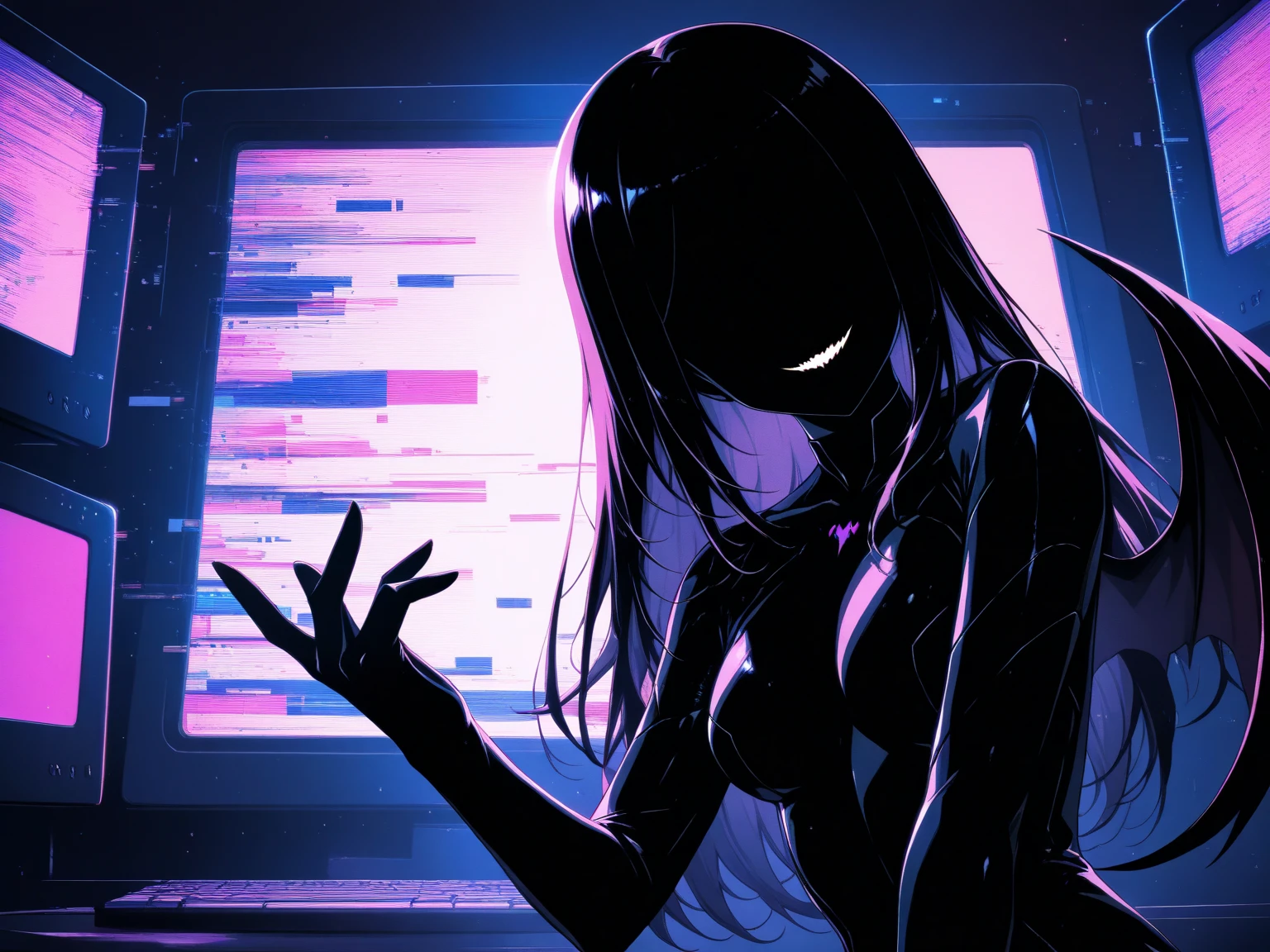 (Old photo-like image: 1.5, Monochrome image: 1.3, Black and white photo: 1.3, Glitch art: 1.4, Incredible high resolution, Masterpiece, Top quality, Highly detailed, CG, High quality anime), Woman on a monitor screen, Digital glitch: 1.4, Glitch noise: 1.4, Overall image glitch processing: 1.4, List of numbers floating behind, Monitor, Through the screen,
 BREAK (Silhouette of a succubus, Solo), (No eyes, No face, No highlights, Grinning mouth, Black skin, Demon wings, Very beautifully detailed face, Body suit), (Forming a  smile, Evil smile, Grinning smile, Yandere, Jito: 1.2, Shadowed face: 1.3, One hand reaching out towards you)